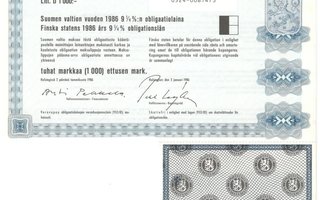 Suomen valtio 2.1.1986 obligaatiolaina 9,25 % Litt D 1000 mk