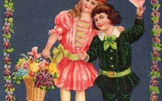 Vanha postikortti- lapset ja kukkakori