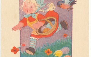 Helga SJÖSTEDT - Tyttö ja munakori - vanha kortti