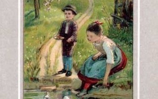 LAPSET / Tyttö ja poika ruokkivat hanhia purolla. 1930-l.