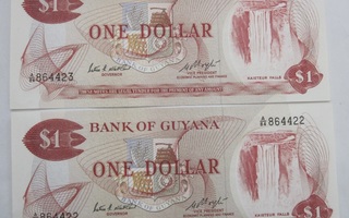 2 Seteliä Guyana 1 Dollar Pakkasileät Numerot Peräkkäin