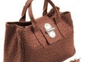 Brown Real leather handbag with ostrich embossing