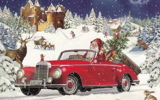 Joulupukki ajaa punaisella avoautolla