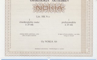 1987 Nokia Oy Helsinki pörssi spec osakekirja
