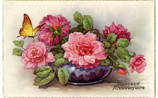 RUUSU / Ruusuja laakeassa maljassa ja perhonen. 1900-l.