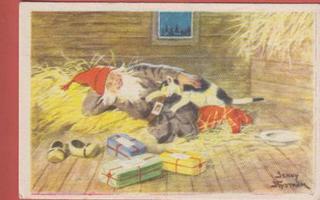 Jenny Nyström Tonttu ja kissa huilaavat - pieni kortti
