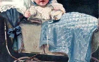 LAPSET / Röyhelöhattuinen vauva vaunuissa. 1910-l.