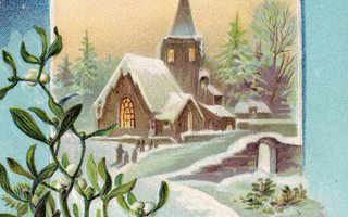 Vanha joulukortti-kirkko, talvimaisema, koho