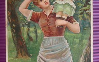 Ernest Nister lapsi äidin olkapäällä keräämässä omenia WANHA