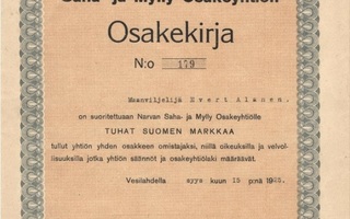1925 Narvan Saha- ja Mylly Oy, Vesilahti osakekirja