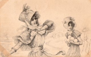 Vanha postikortti- naiset ja lumipallot Vienne