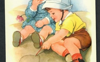 Lapsi - Lapset hiekkarannalla - Kortti 1940-50-luvulta