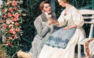 RAKKAUS / Mies polvillaan tytön luona ruusutarhassa. 1900-l.