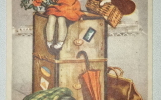 Pikkutyttö ja paljon matkatavaraa, kortti v. 1945