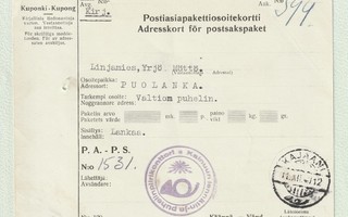 Postiasiapaketin osoitekortti vuodelta 1940