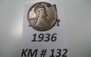 U.S.A   1 Cent 1936  KM # 132  Pronssi  "Lincoln - Wheat Pen