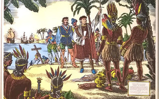 Opetustaulu: Kolumbuksen rantautuminen Amerikkaan.