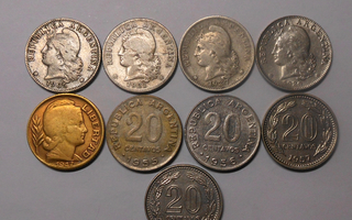 Argentina. 20 centavos, 9 erilaista kolikkoa.