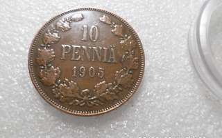 10  penniä 1905     hieman patinoitunut   kl 8-9