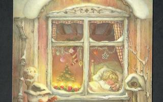 Joulukortti - Lisi Martin - Nukkuva pieni poika ja lumiukko