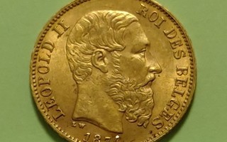 Belgia, 20 Francs 1874. Leopold II, kunto aika hyvä.