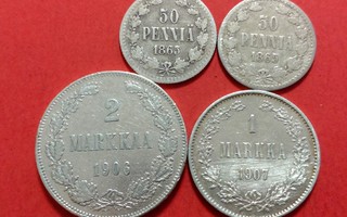 2 markkaa 1906 ja 1 mk 1907 ja 50 penniä 1865 (KD22)