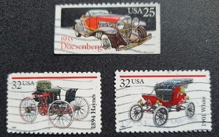 USA vanhoja autoja postimerkeissä 3 kappaletta