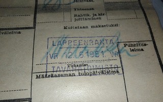 VR Lappeenranta Asemaleima Rahtikirja 1951 PK140/8