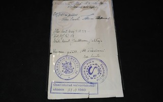 Salo Suojeluskunta + JVR.14 -leimat 1939-40 lapulla PK140