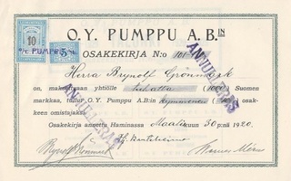 OKK 1920 Pumppu Oy, Hamina osakekirja