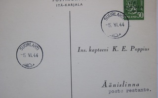 Postikortti Itä-Karjala Sot.Hallinto Suurlahti Leima 1944