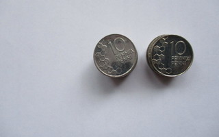 10 penniä kuparinikkeli 1990-2000, yhteensä 35 kpl