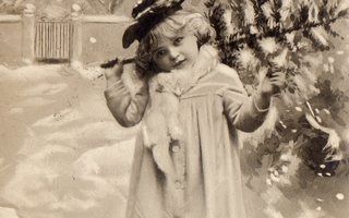 Vanha postikortti- lapsi ja talvinen maisema