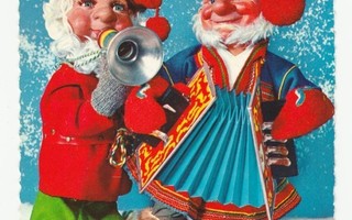 Joulukortti vuodelta 1964: nukketontut soittimineen