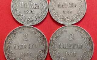2 kpl 2 mk 1906, 1907 ja 1 markka 1865, 1907. (KD48)