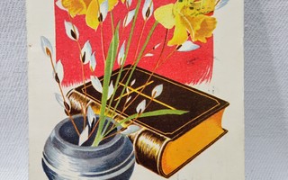 pääsiäiskortti Narsissit, pajunkissat ja Raamattu v. 1947