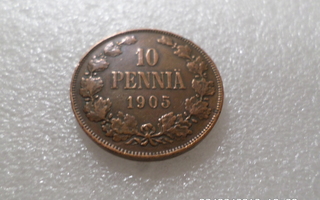 10  penniä  1905  siistikuntoinen  naarmuton  kl 8