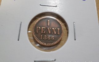 1  penni  1866   Rahakehyksessä Kl  6-7  kommee raha.