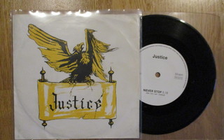 JUSTICE Never Stop / There Just Ice.. 7" PS 1990 Finn Heavy