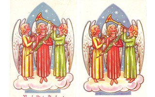 Joulukortit, 6 kpl., mm. 2 samanlaista enkelikorttia.