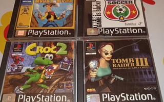 PS1 pelit Lucky Luke, Tomb Raider 3, Croc 2, Sensible Soccer