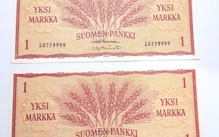 1 Markka Sarjanumerot 0779999-0780000