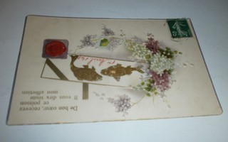 Kukkia, sinetti, kaloja; Aprillipäiväkortti,  p. 1908