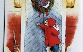 Oven takana tyttö ja kissa Joulukortti