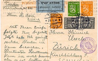 1942 2mk kelt. ehiökortti lisämerkein - lentokortti Sveitsii