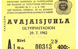 Avajaisjuhla Olympiastadion 29.7.1962 pääsylippu