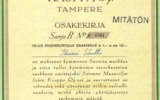 1964 Suomen Maanviljelijäin Kauppa Oy SMK Tampere osakekirja
