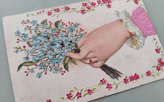 Vanha postikortti kukkaset ja käsi