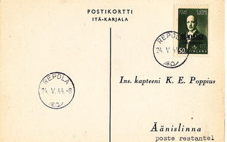Postikortti Itä-Karjala Sot.Hallinto Repola Leima 1944