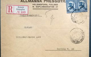 Saarismallin päällepainamapari R-kirjeellä Saksaan 1920